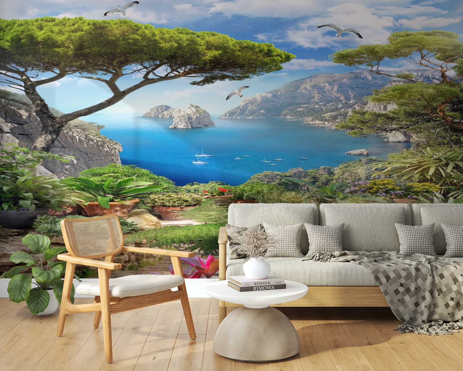 Фотошпалери галявина в квітах з видом на місто і море