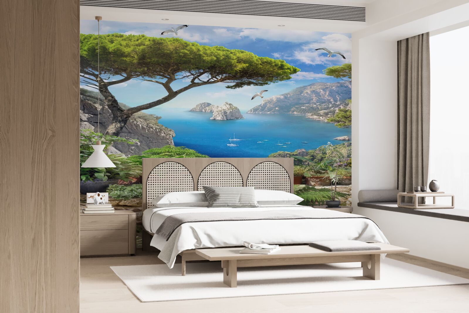 Фотошпалери галявина в квітах з видом на місто і море