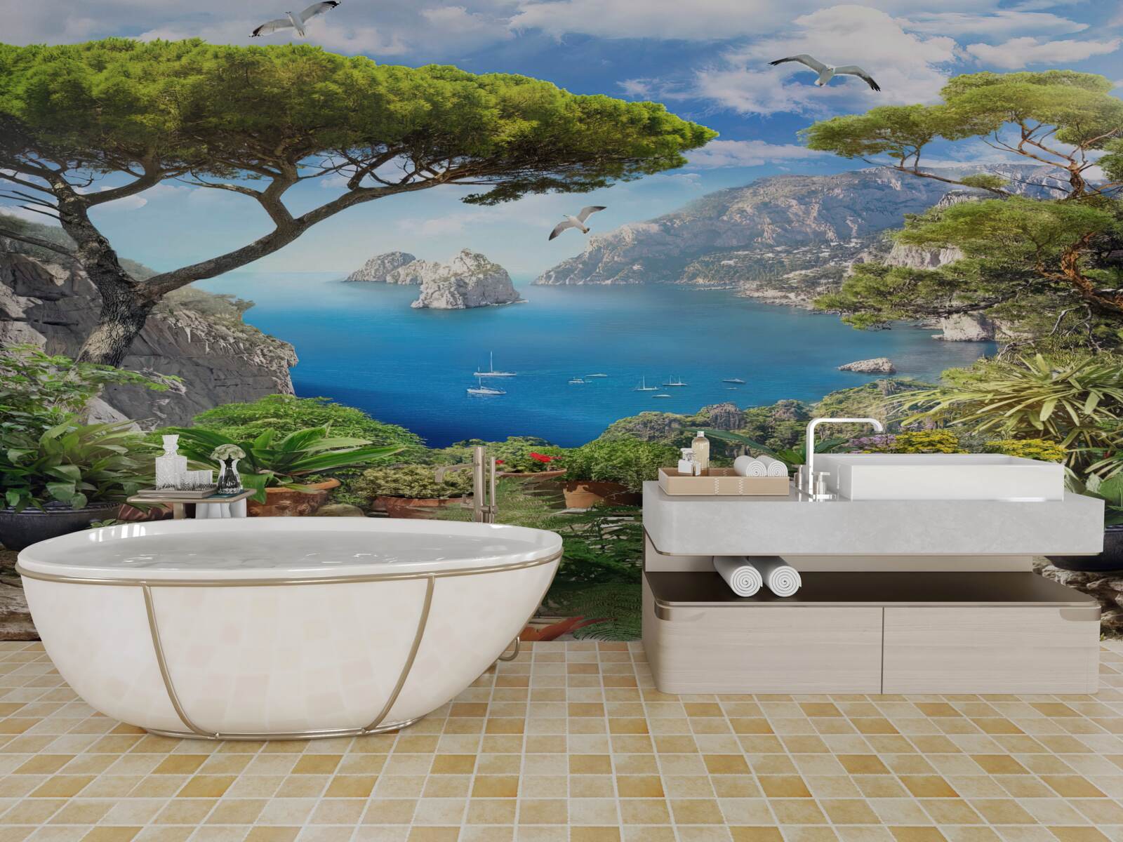 Фотошпалери галявина в квітах з видом на місто і море