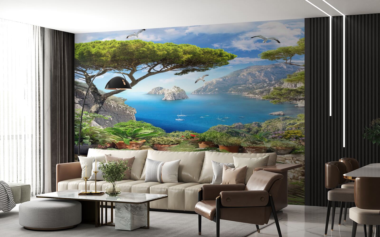 Фотошпалери галявина в квітах з видом на місто і море