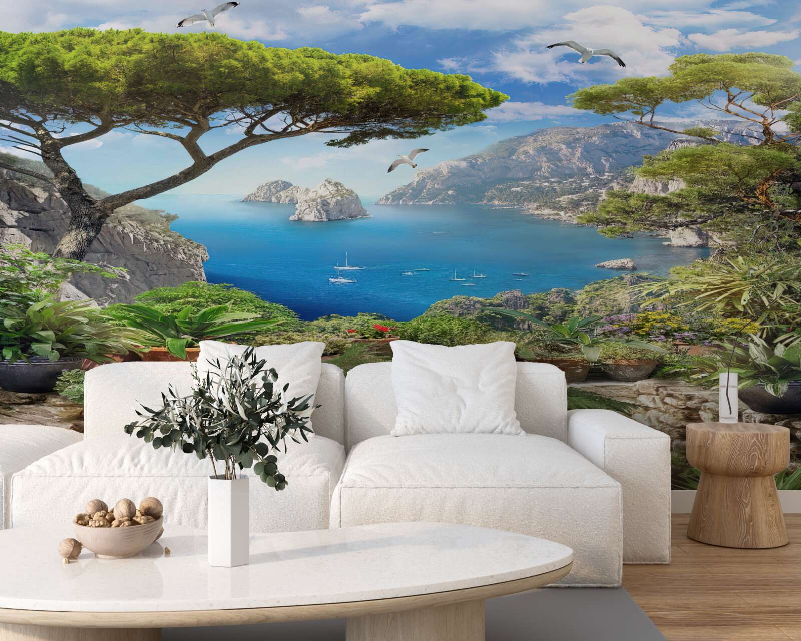 Фотошпалери галявина в квітах з видом на місто і море