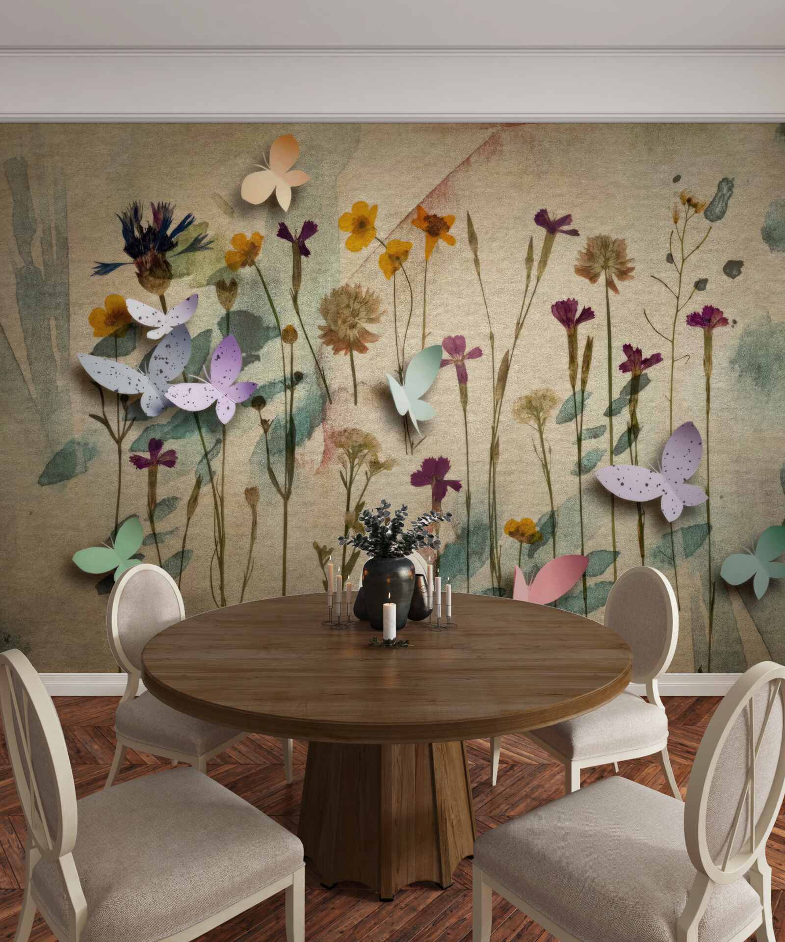 Фотошпалери великі квіти та метелики на малюнку