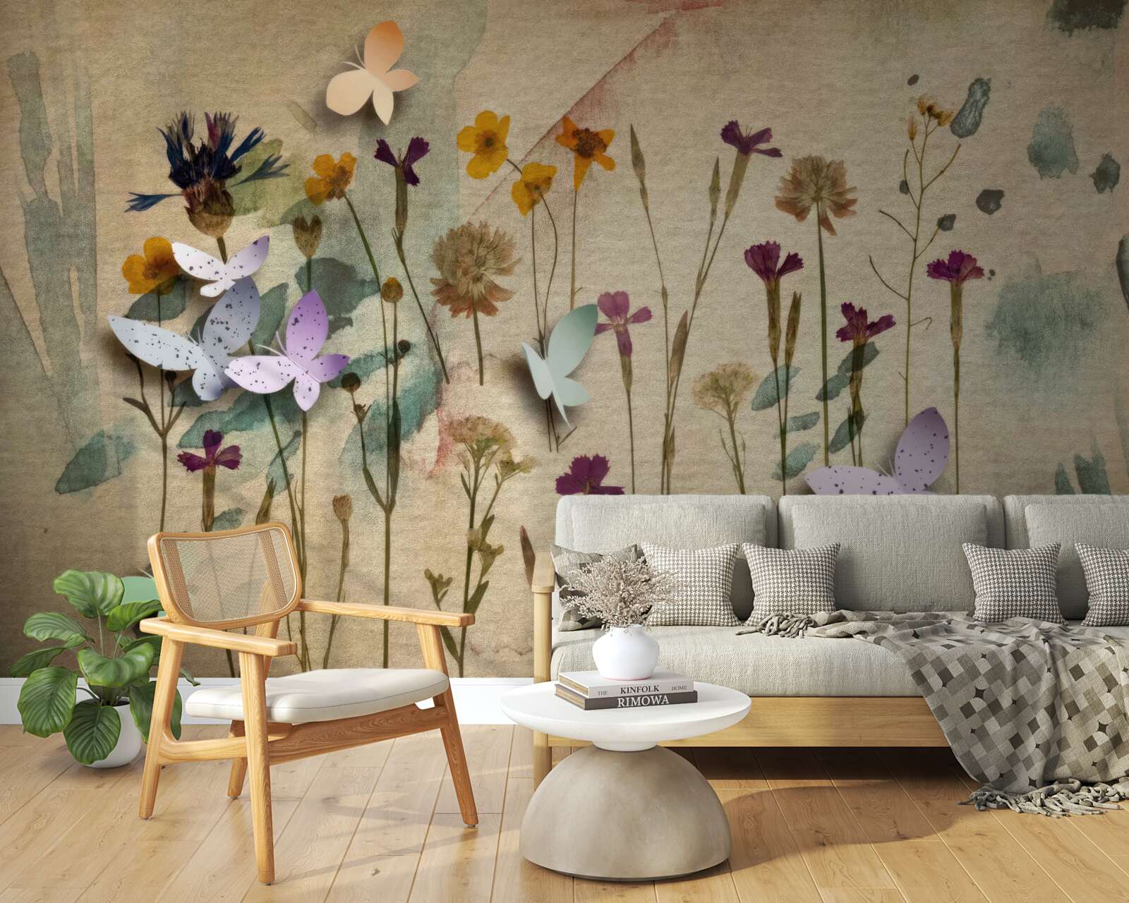 Фотошпалери великі квіти та метелики на малюнку