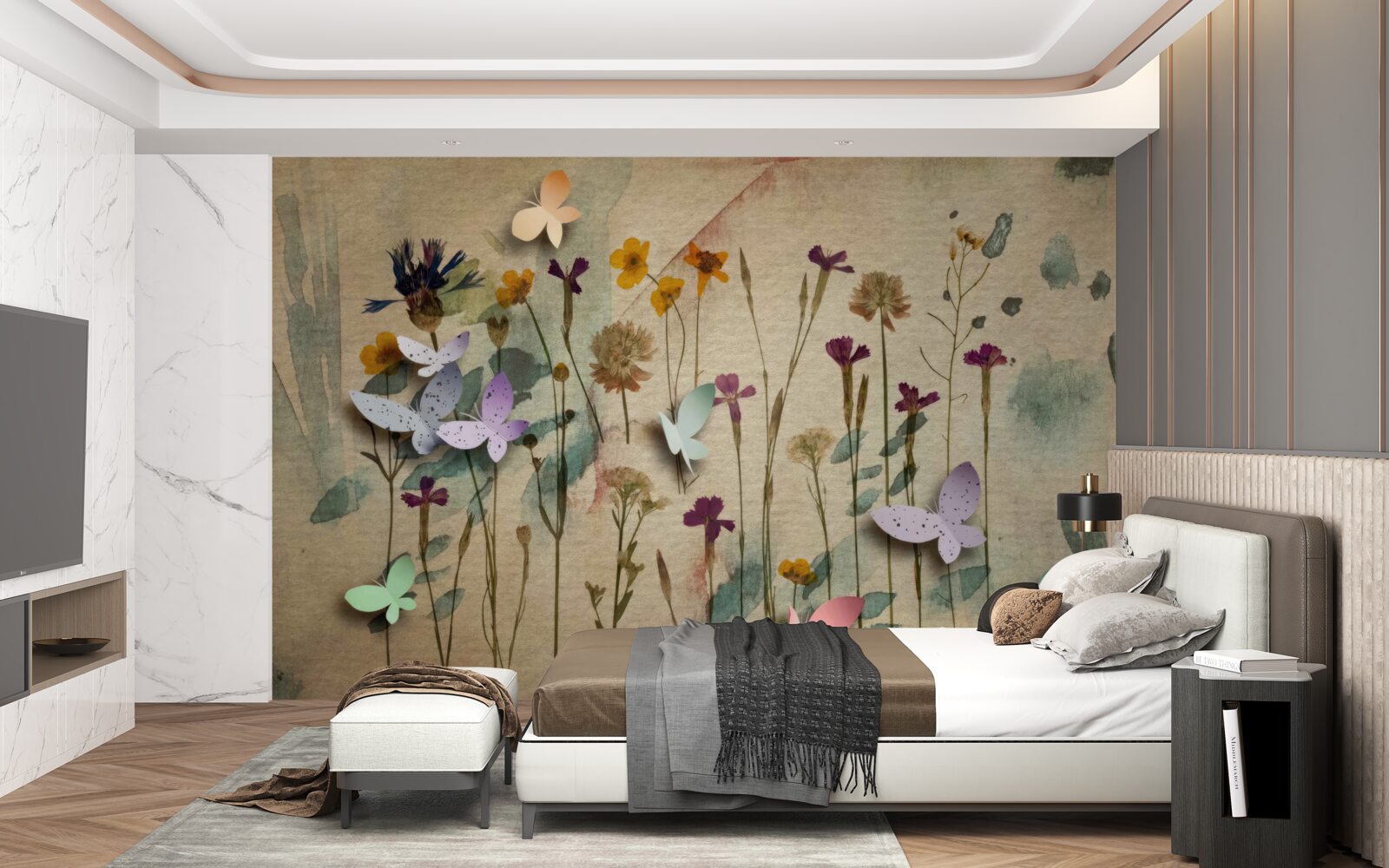 Фотошпалери великі квіти та метелики на малюнку