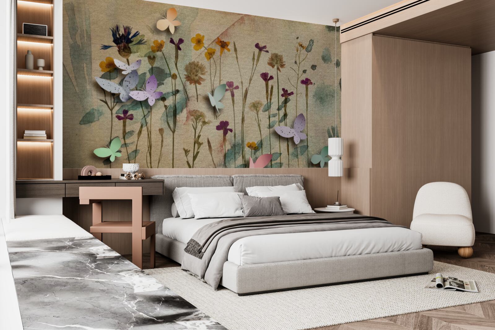 Фотошпалери великі квіти та метелики на малюнку