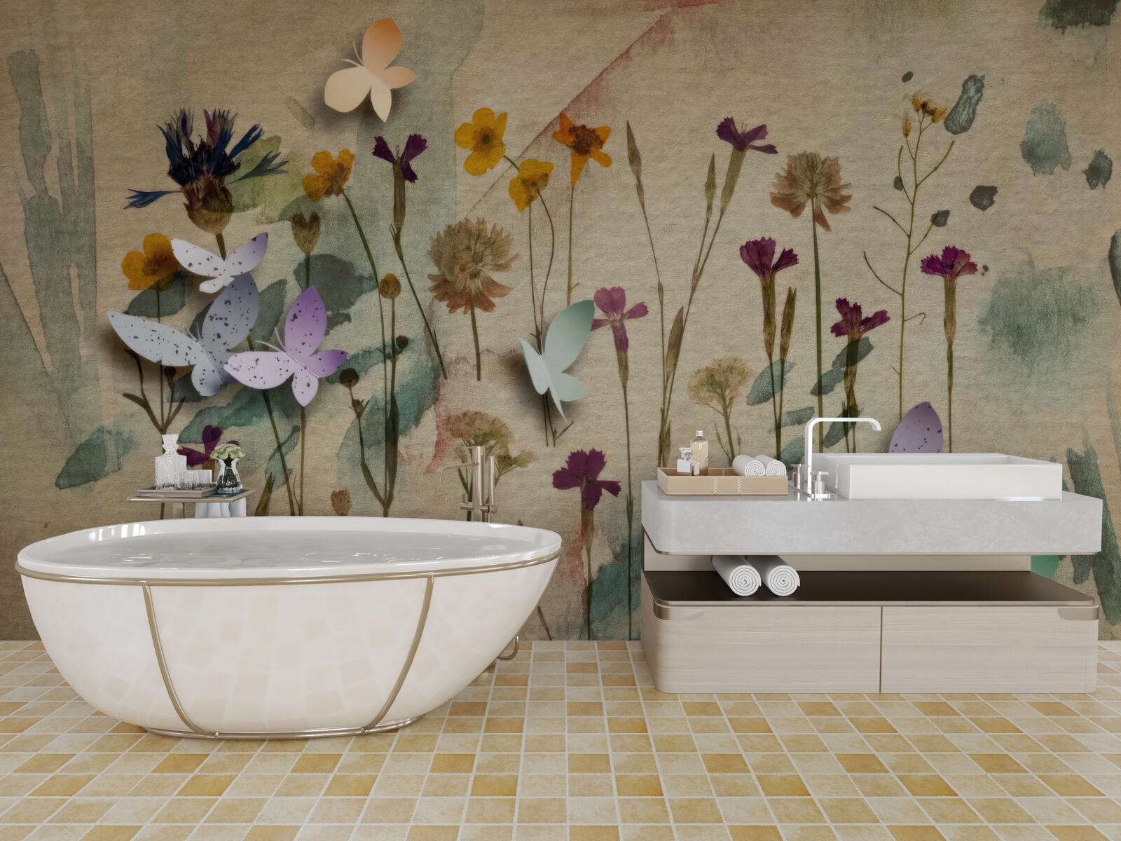 Фотошпалери великі квіти та метелики на малюнку