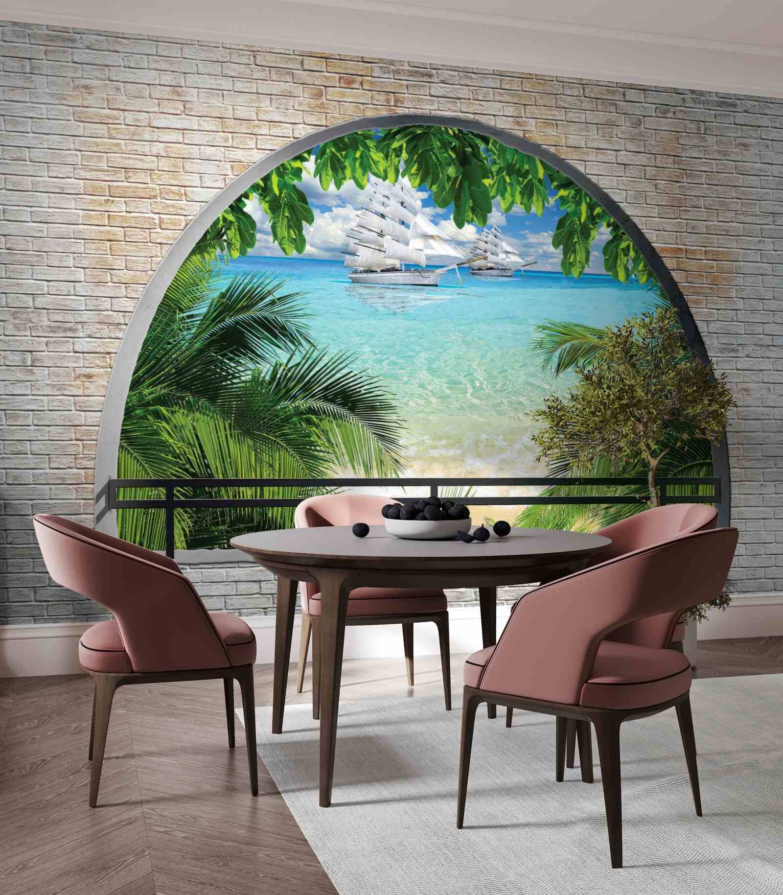 Фотошпалери вікно в цегляній стіні з видом на море і яхти з білосніжними вітрилами