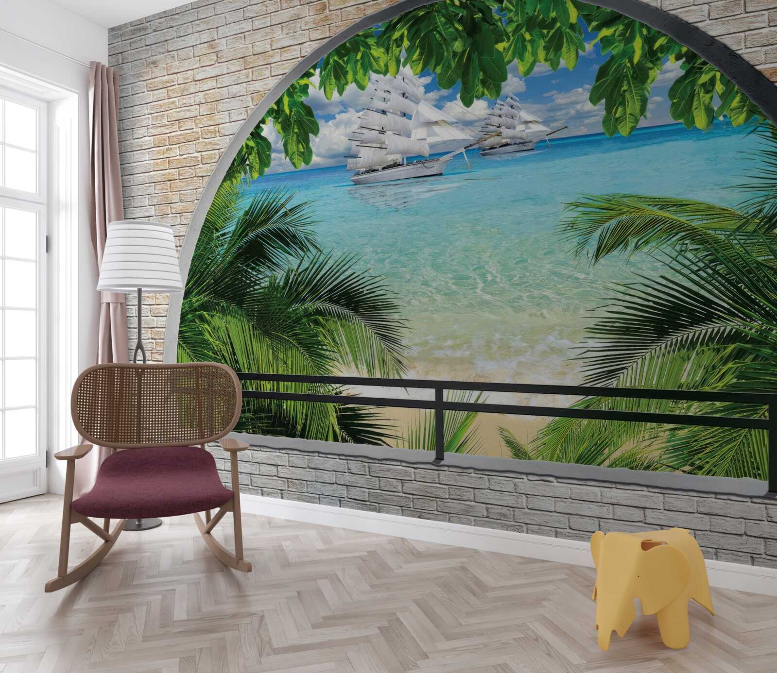 Фотошпалери вікно в цегляній стіні з видом на море і яхти з білосніжними вітрилами