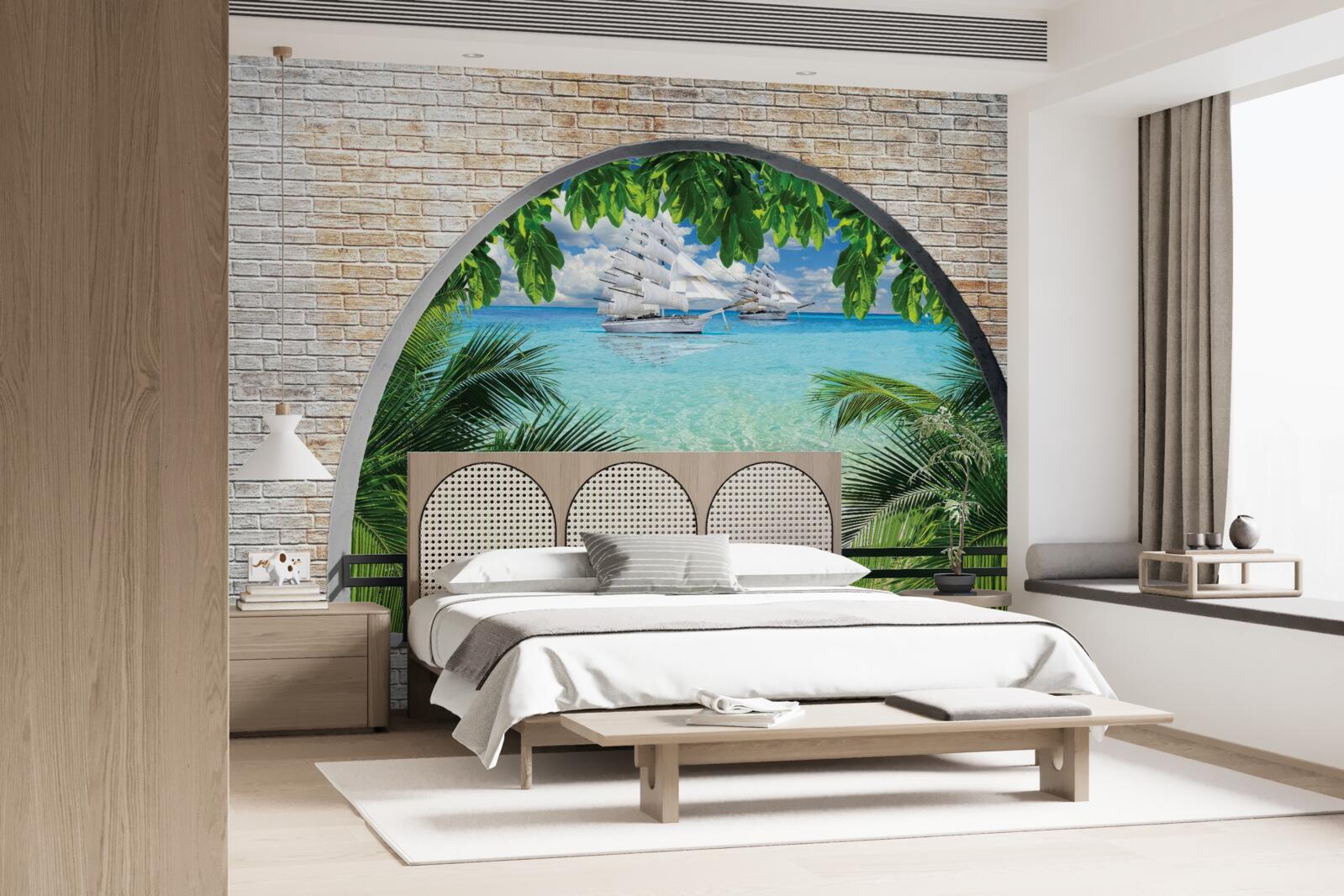 Фотошпалери вікно в цегляній стіні з видом на море і яхти з білосніжними вітрилами