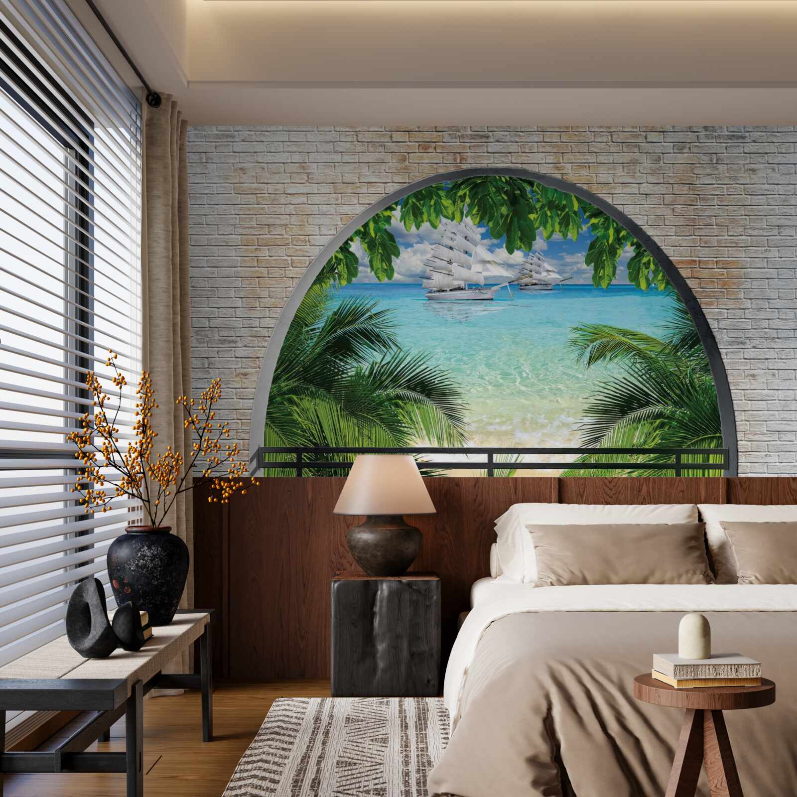 Фотошпалери вікно в цегляній стіні з видом на море і яхти з білосніжними вітрилами