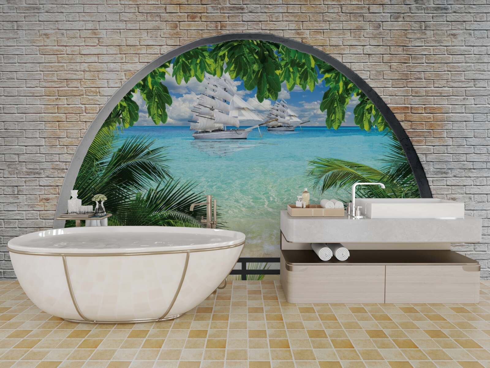 Фотошпалери вікно в цегляній стіні з видом на море і яхти з білосніжними вітрилами