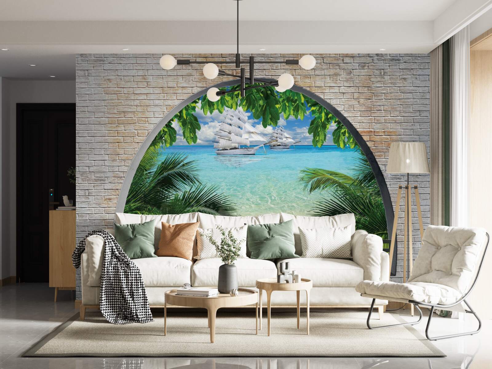 Фотошпалери вікно в цегляній стіні з видом на море і яхти з білосніжними вітрилами