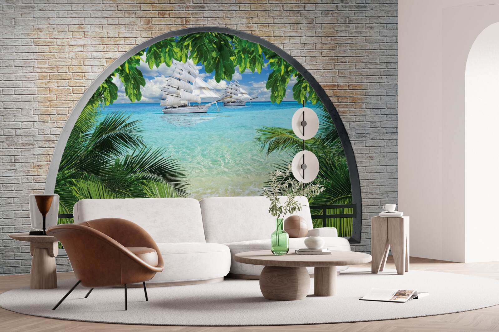 Фотошпалери вікно в цегляній стіні з видом на море і яхти з білосніжними вітрилами