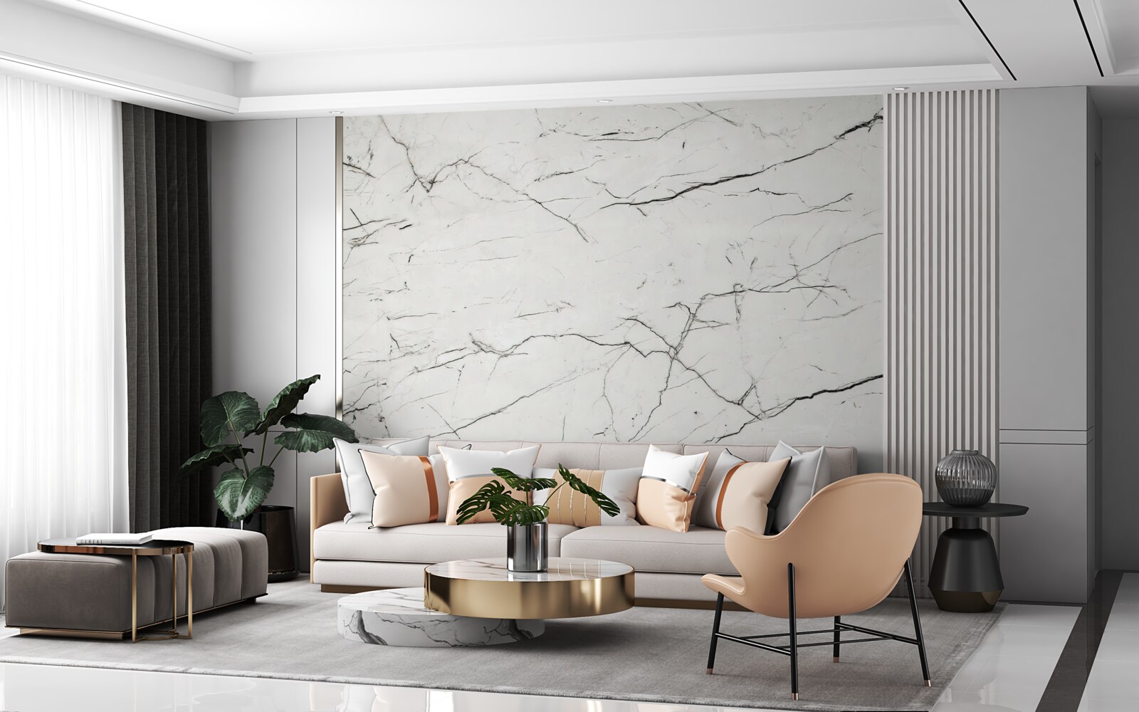 Фотошпалери білий мармур з тонкими темними прожилками