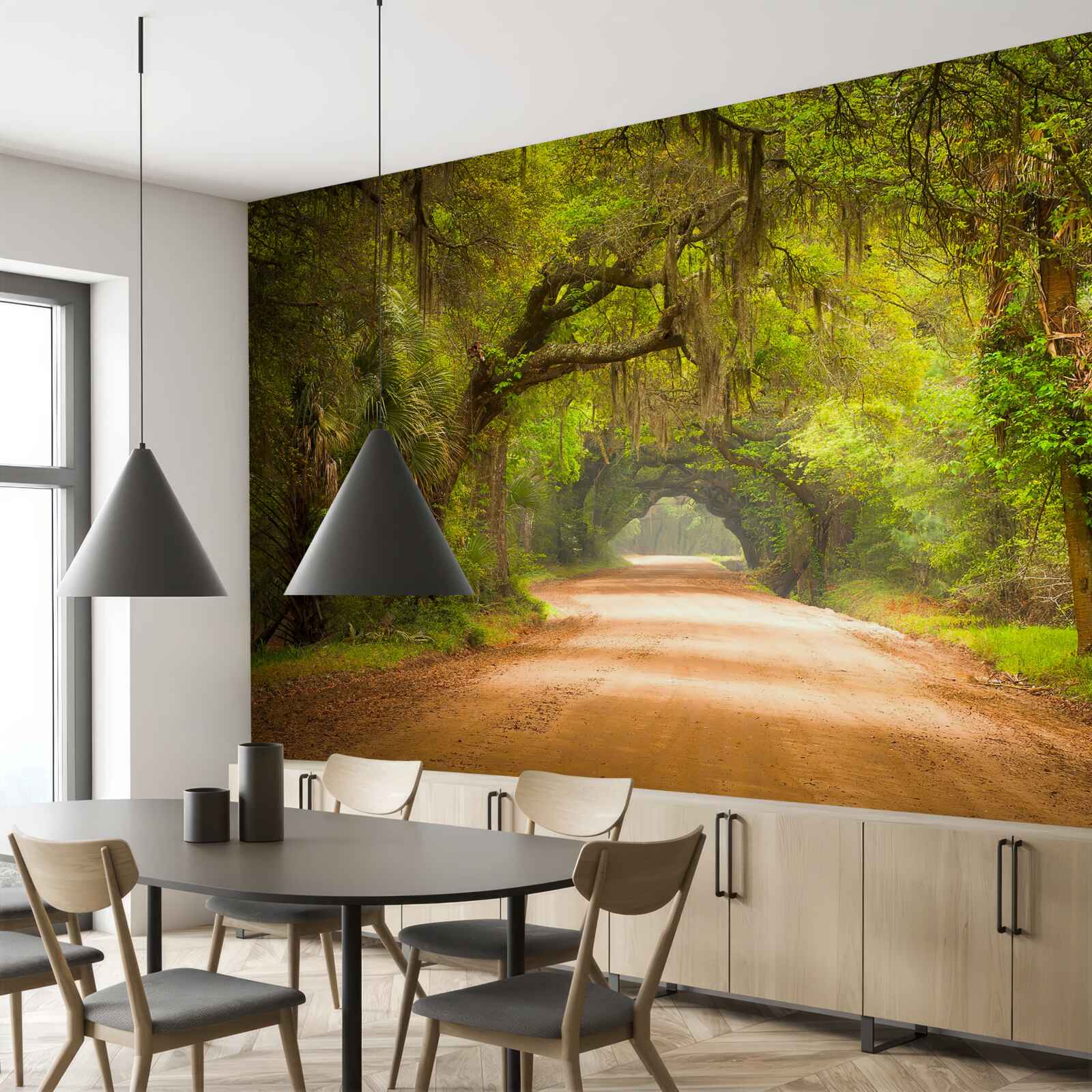 Фотошпалери простора доріжка, оточена зеленим листям