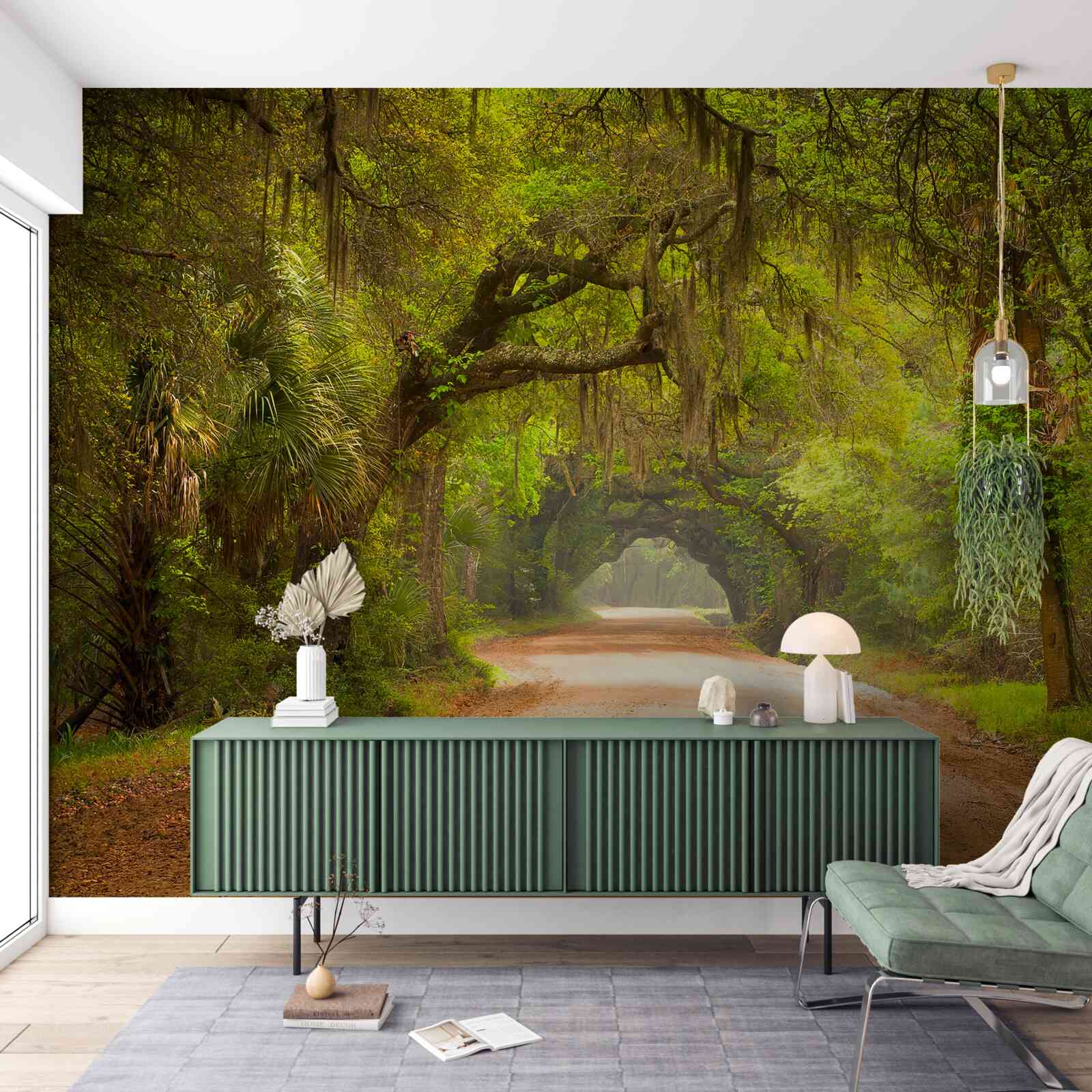 Фотошпалери простора доріжка, оточена зеленим листям