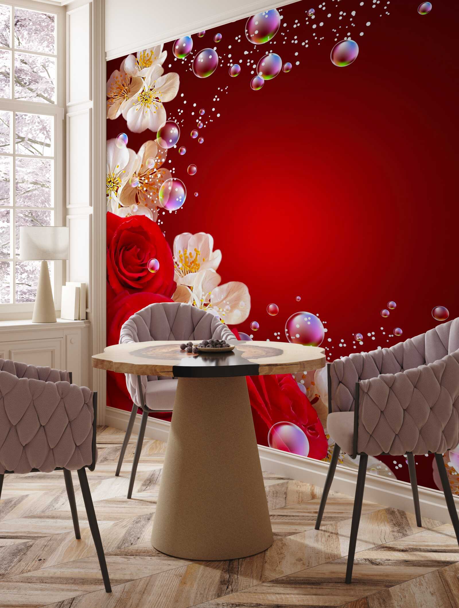 Фотошпалери білі квіти та червоні троянди на бордовому тлі