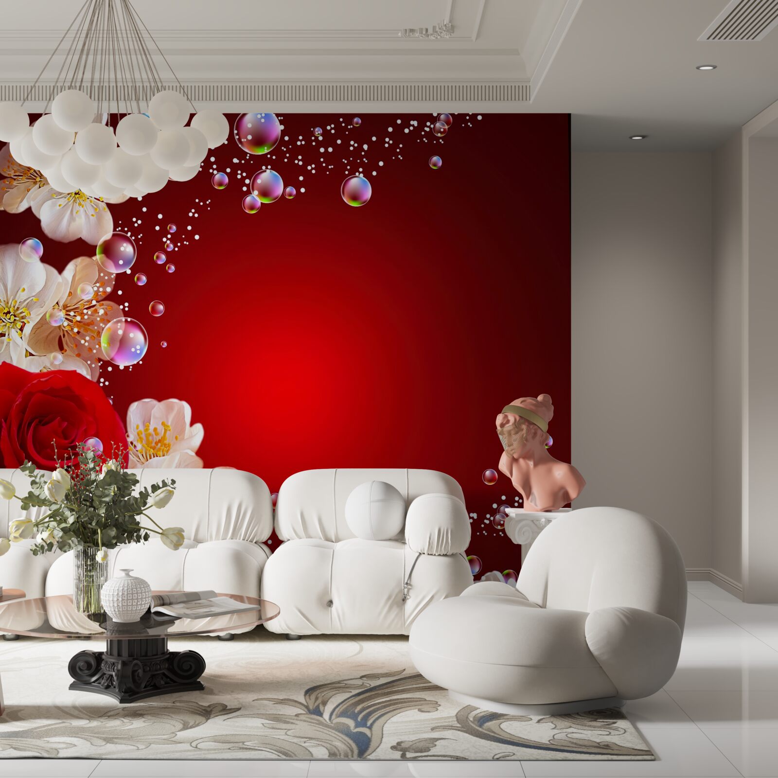 Фотошпалери білі квіти та червоні троянди на бордовому тлі