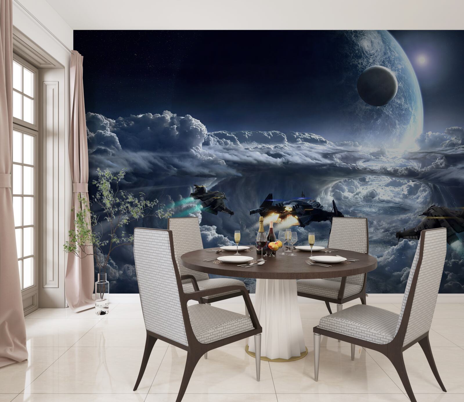 Фотошпалери щільні хмари на тлі великої планети