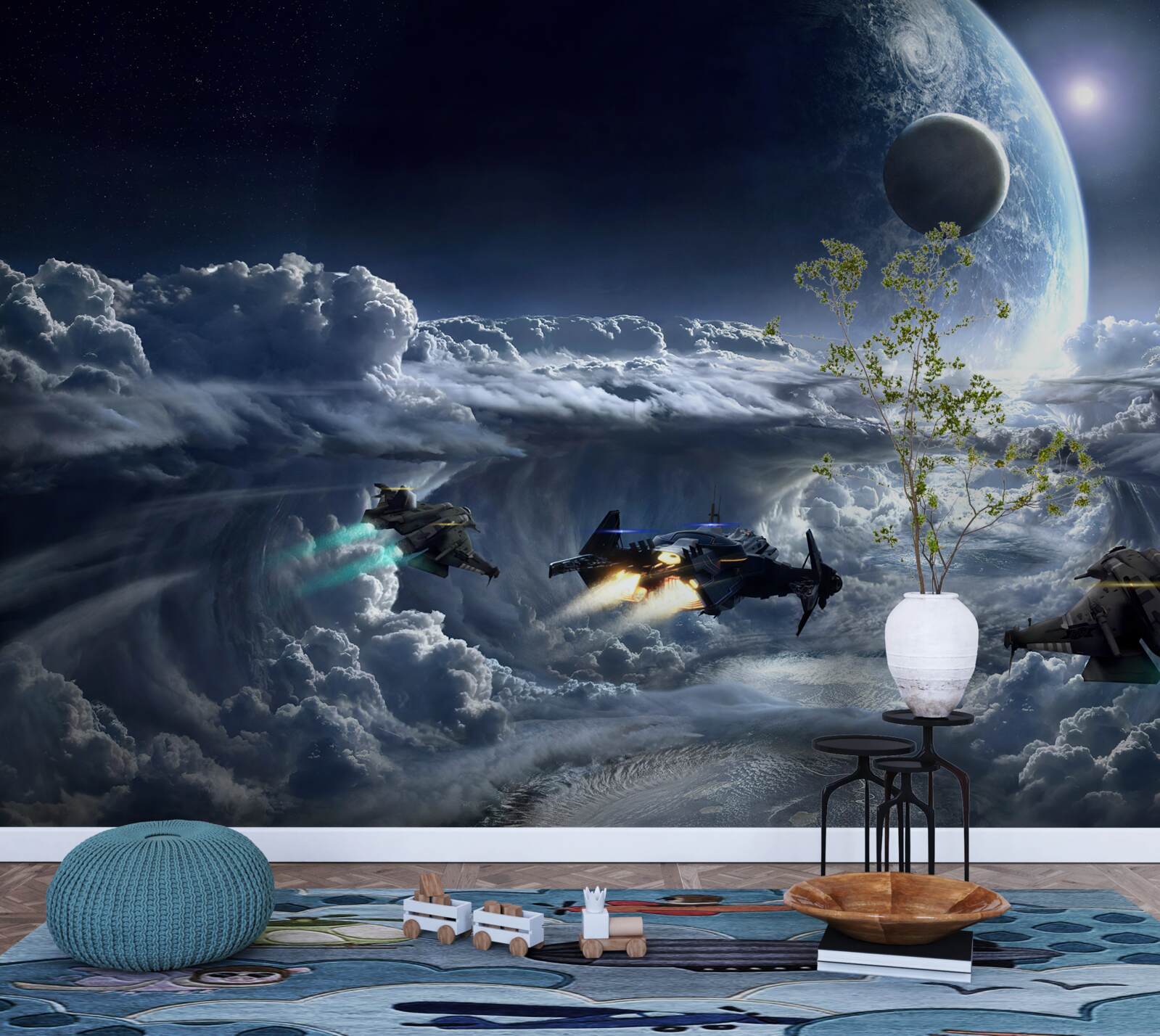 Фотошпалери щільні хмари на тлі великої планети