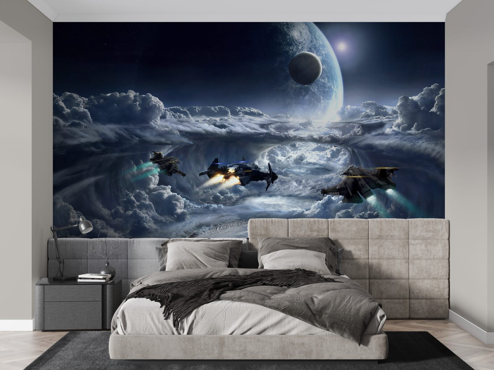 Фотошпалери щільні хмари на тлі великої планети