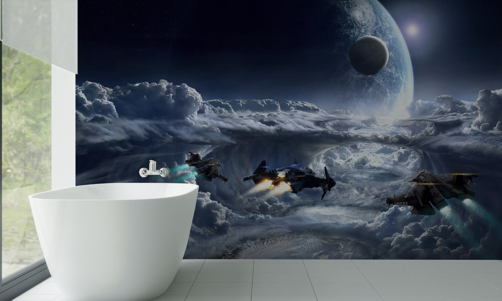 Фотошпалери щільні хмари на тлі великої планети