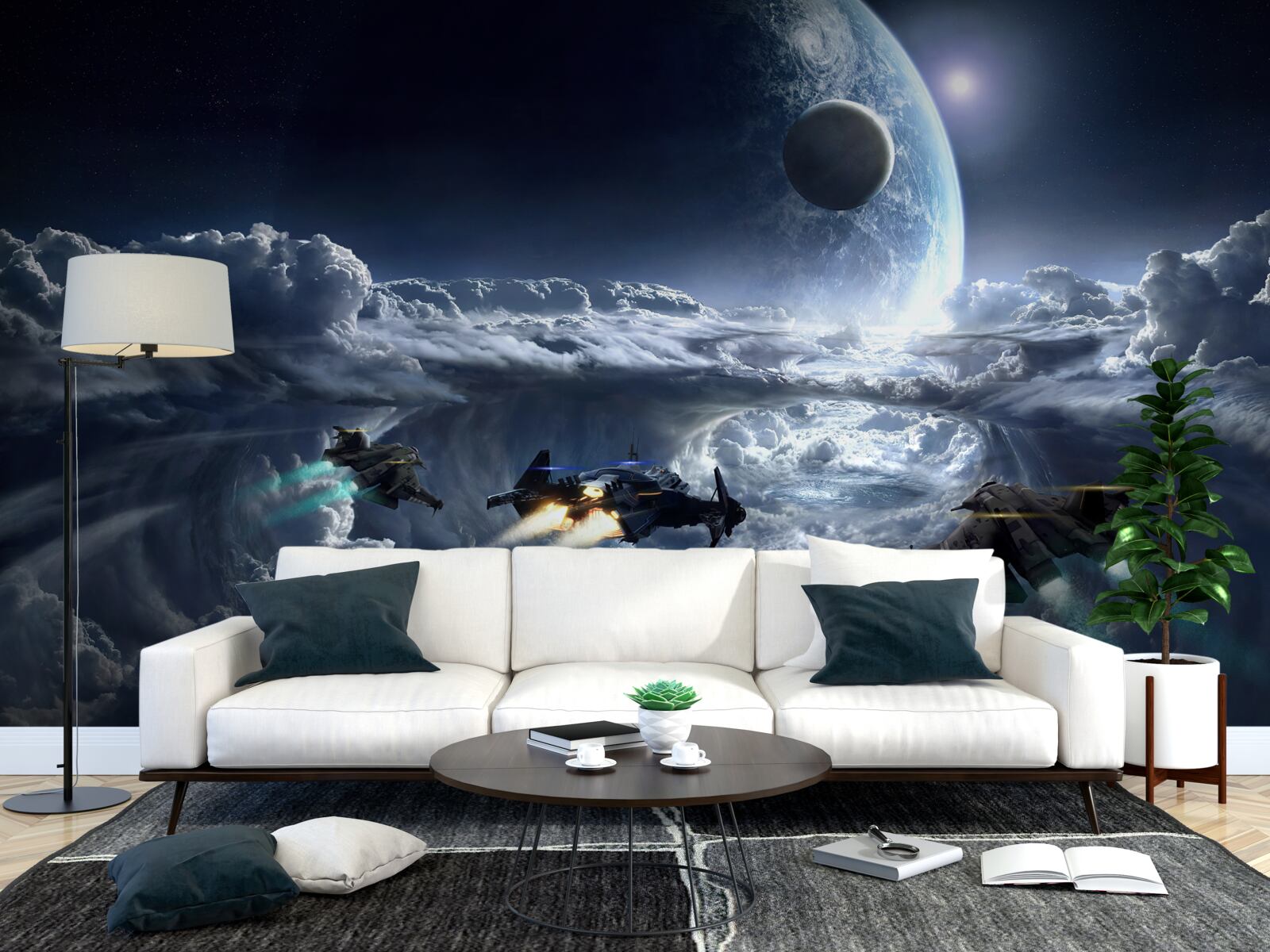 Фотошпалери щільні хмари на тлі великої планети