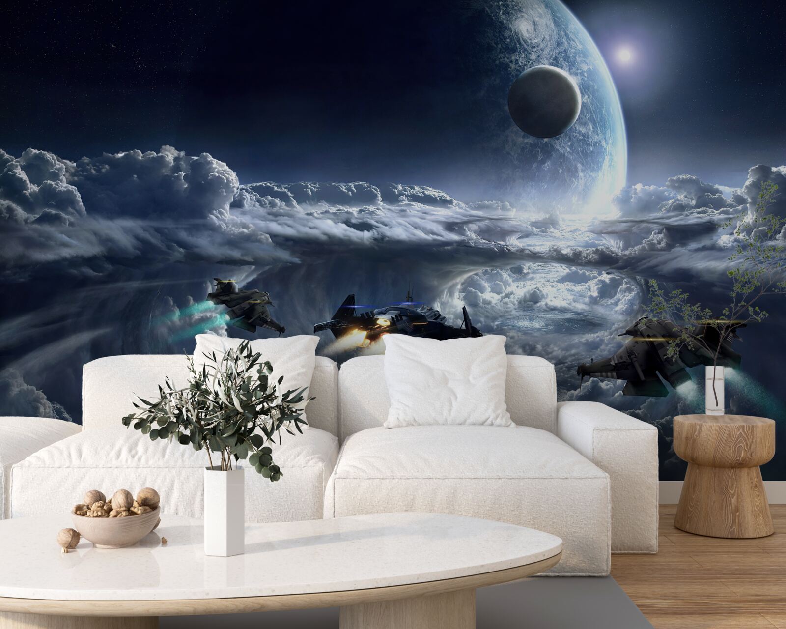 Фотошпалери щільні хмари на тлі великої планети