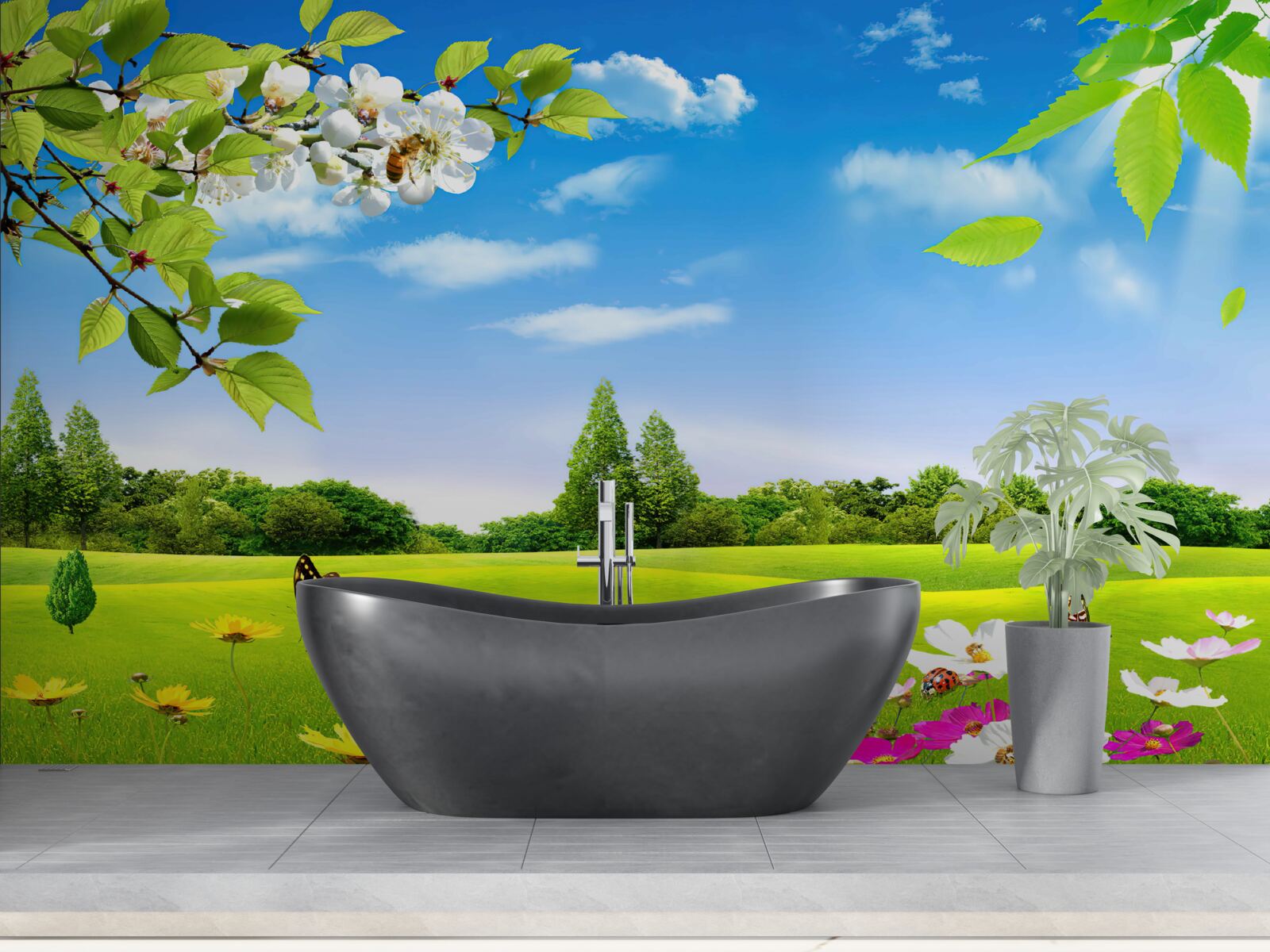 Фотошпалери зелений газон і метелик