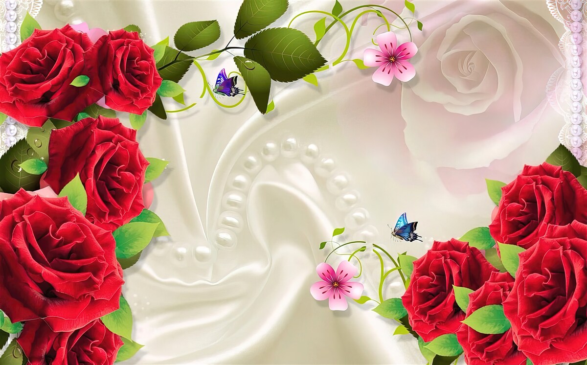 Фотошпалери червоні троянди на білосніжній атласній тканині