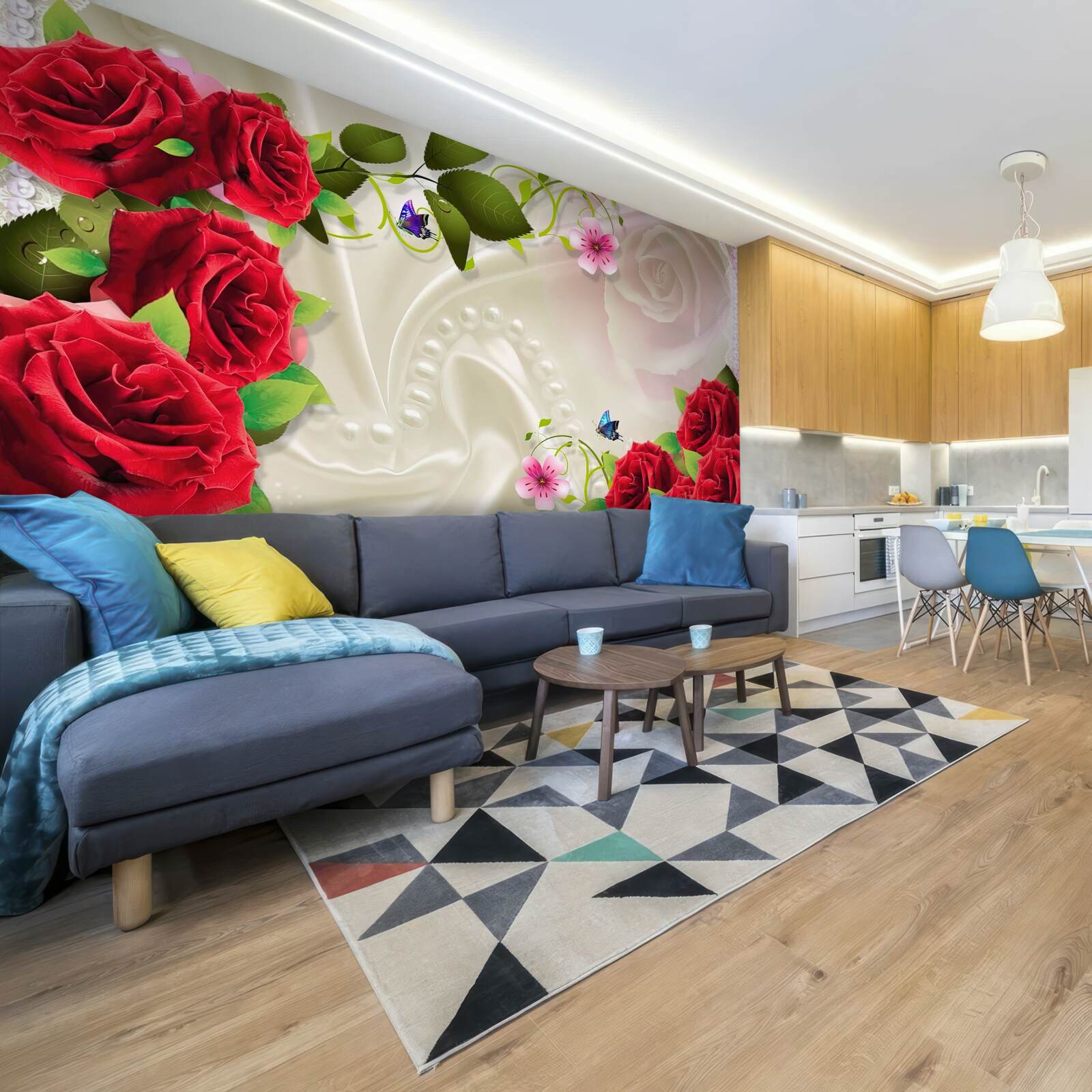 Фотошпалери червоні троянди на білосніжній атласній тканині