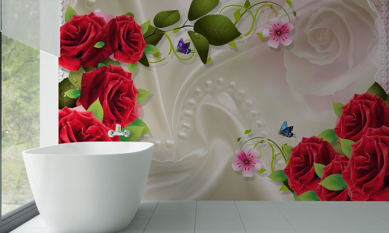 Фотошпалери червоні троянди на білосніжній атласній тканині