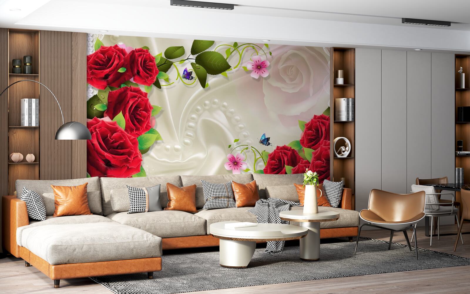 Фотошпалери червоні троянди на білосніжній атласній тканині