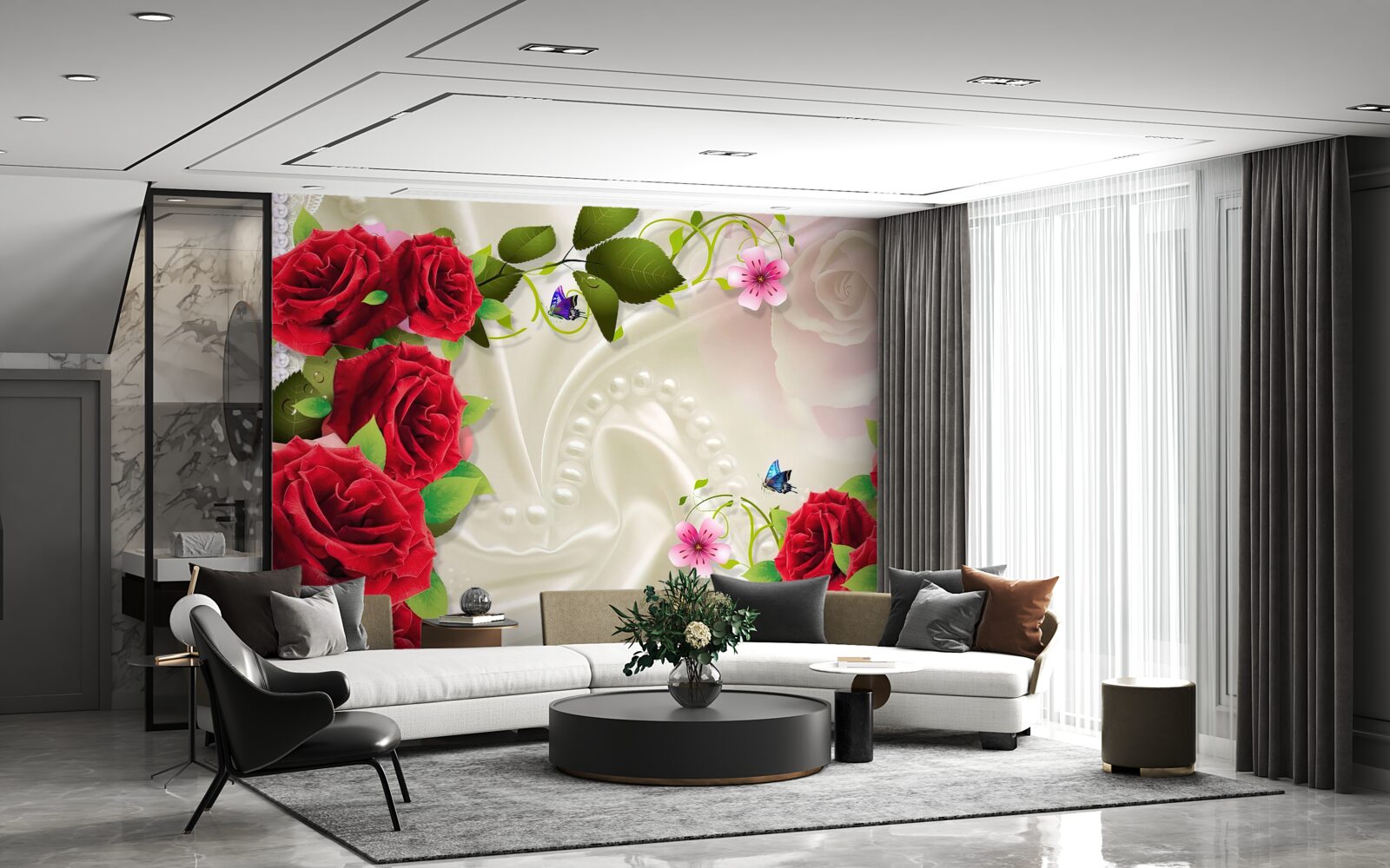 Фотошпалери червоні троянди на білосніжній атласній тканині