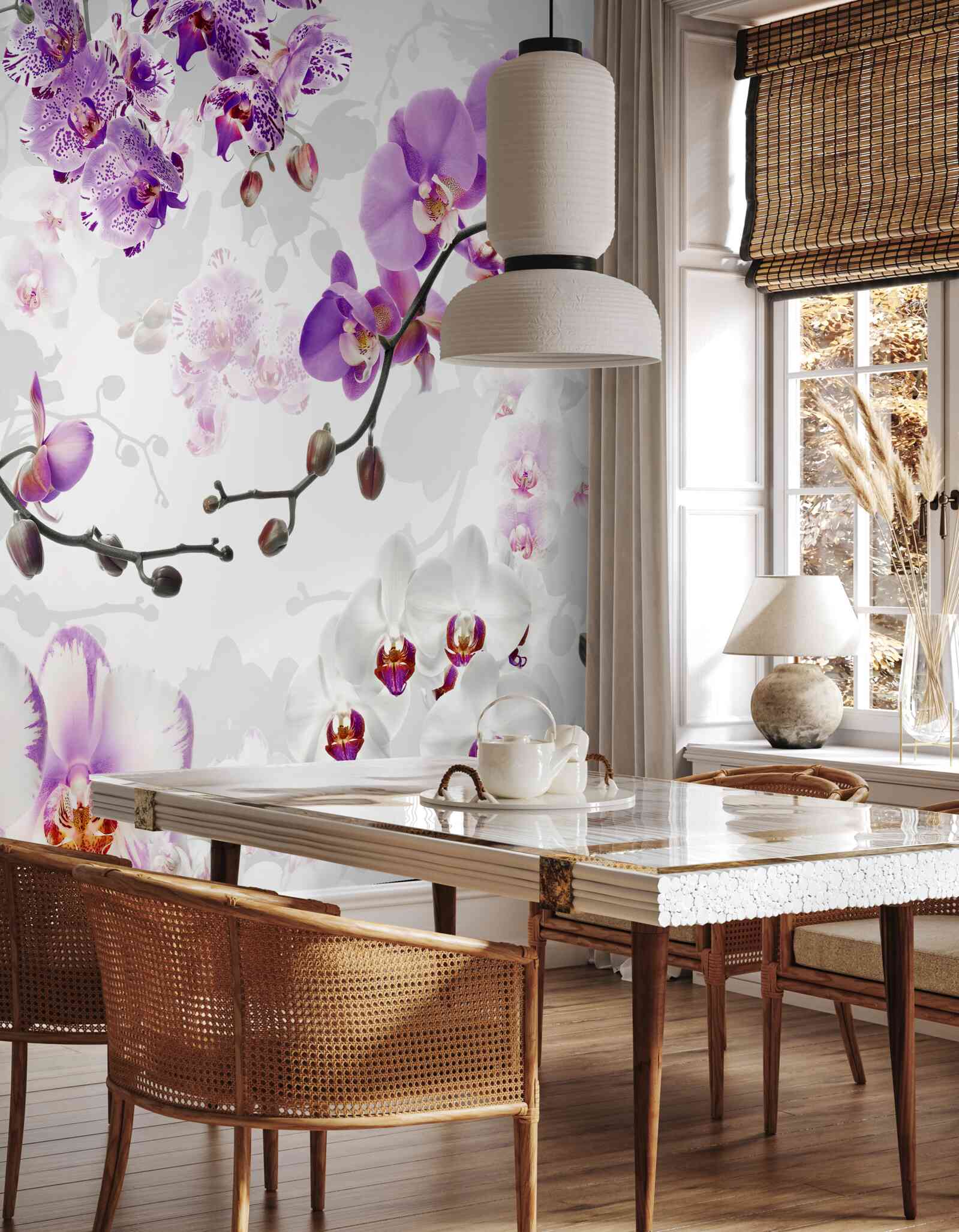 Фотошпалери гілка з квітучими фіолетовими орхідеями