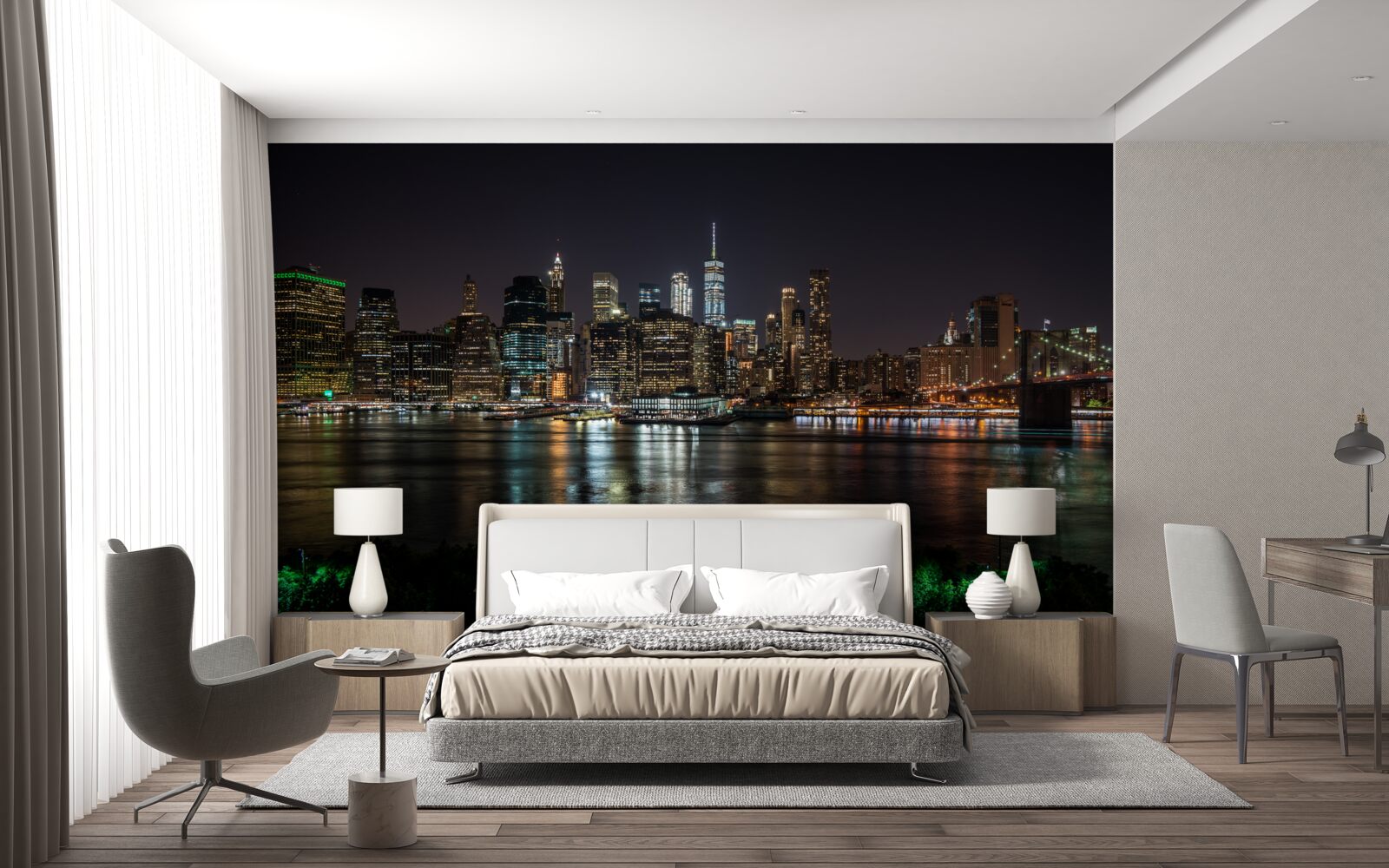 Фотошпалери панорама нічного міста з протилежного берега