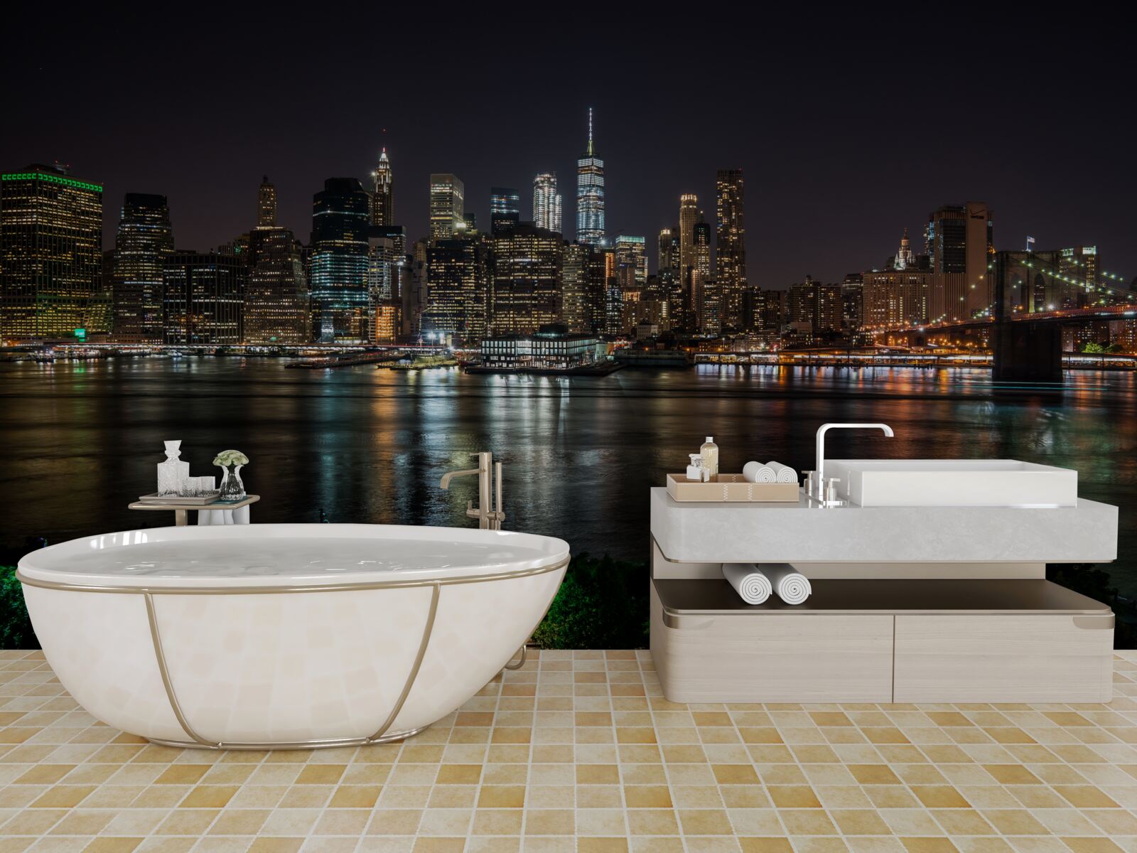 Фотошпалери панорама нічного міста з протилежного берега