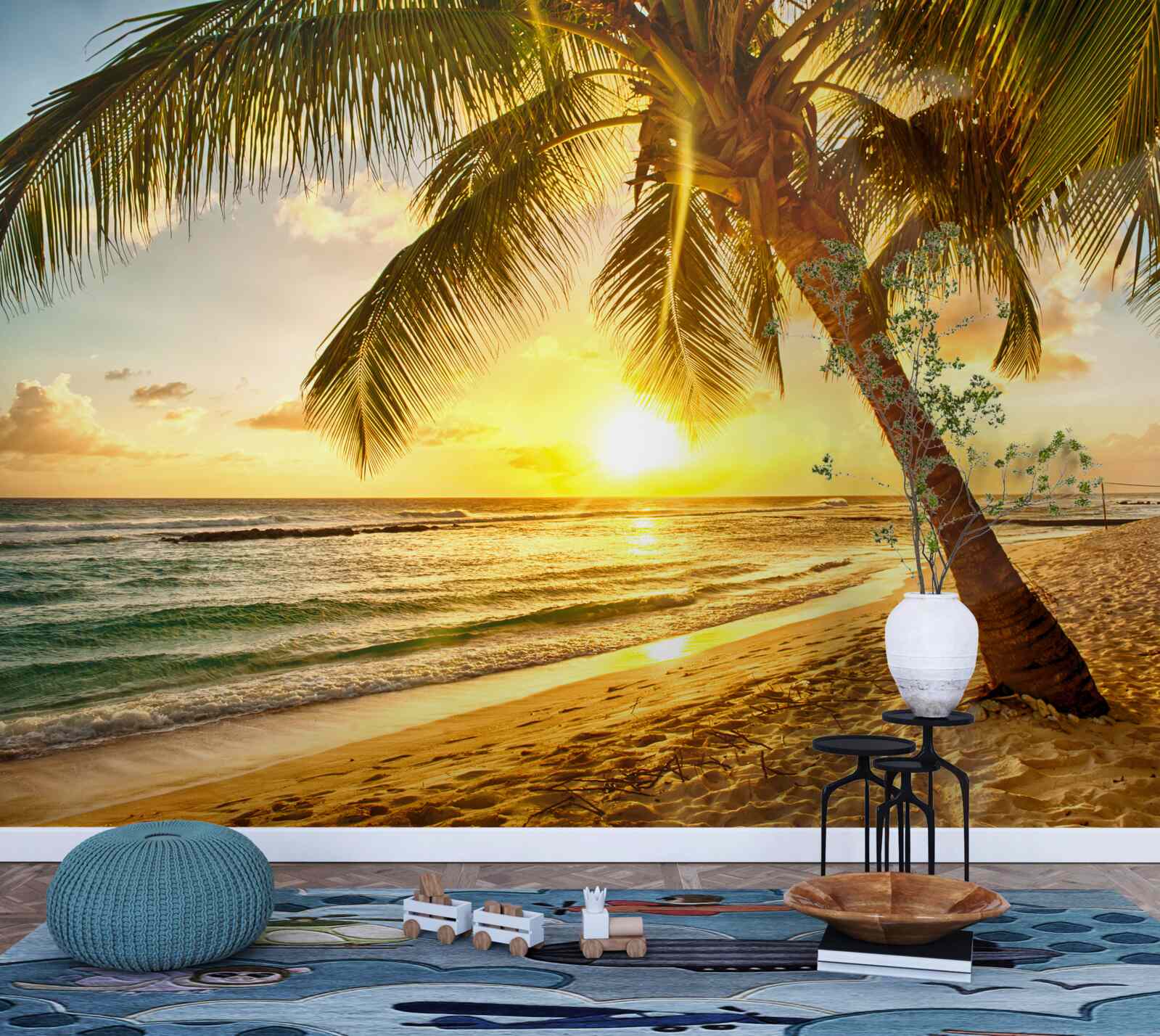 Фотошпалери сонце заходить за горизонт океану, освітлюючи пальми