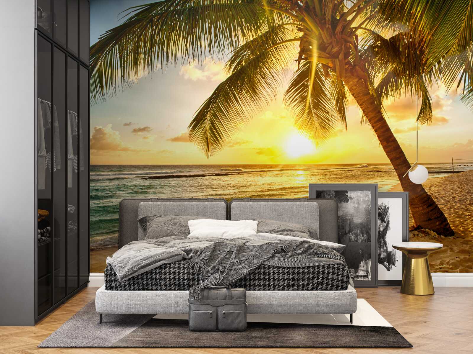 Фотошпалери сонце заходить за горизонт океану, освітлюючи пальми