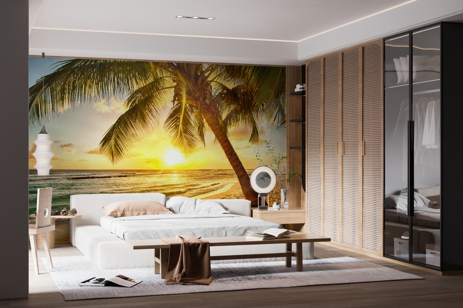 Фотошпалери сонце заходить за горизонт океану, освітлюючи пальми