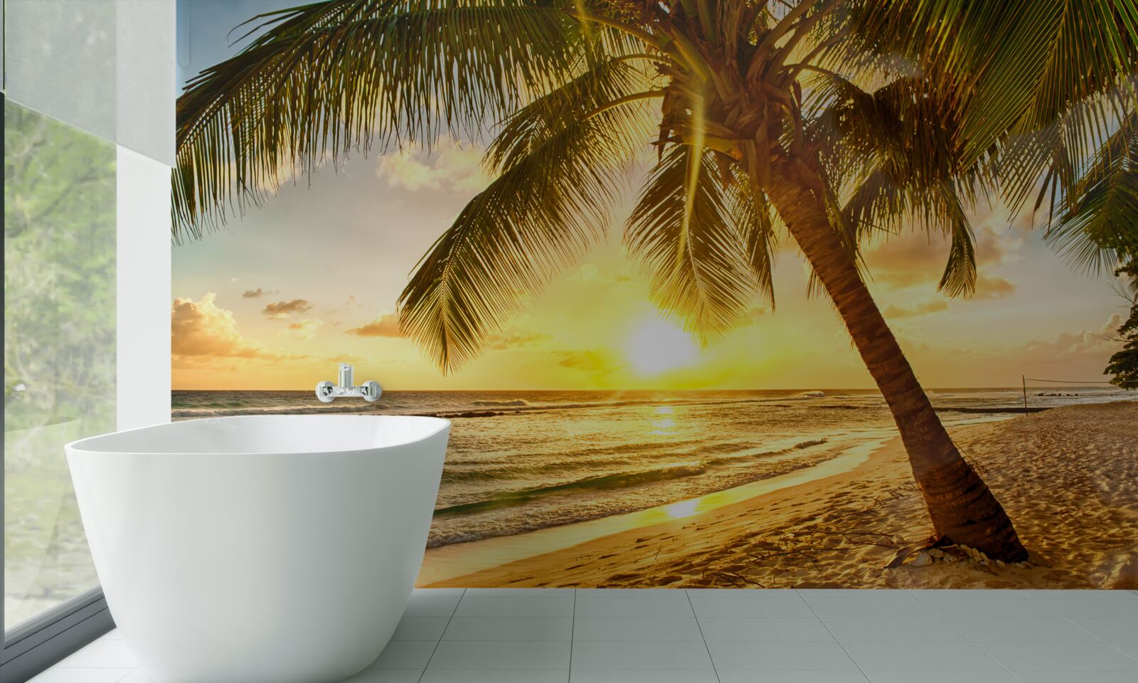 Фотошпалери сонце заходить за горизонт океану, освітлюючи пальми