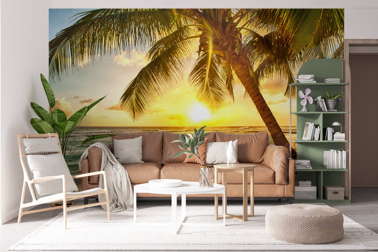 Фотошпалери сонце заходить за горизонт океану, освітлюючи пальми