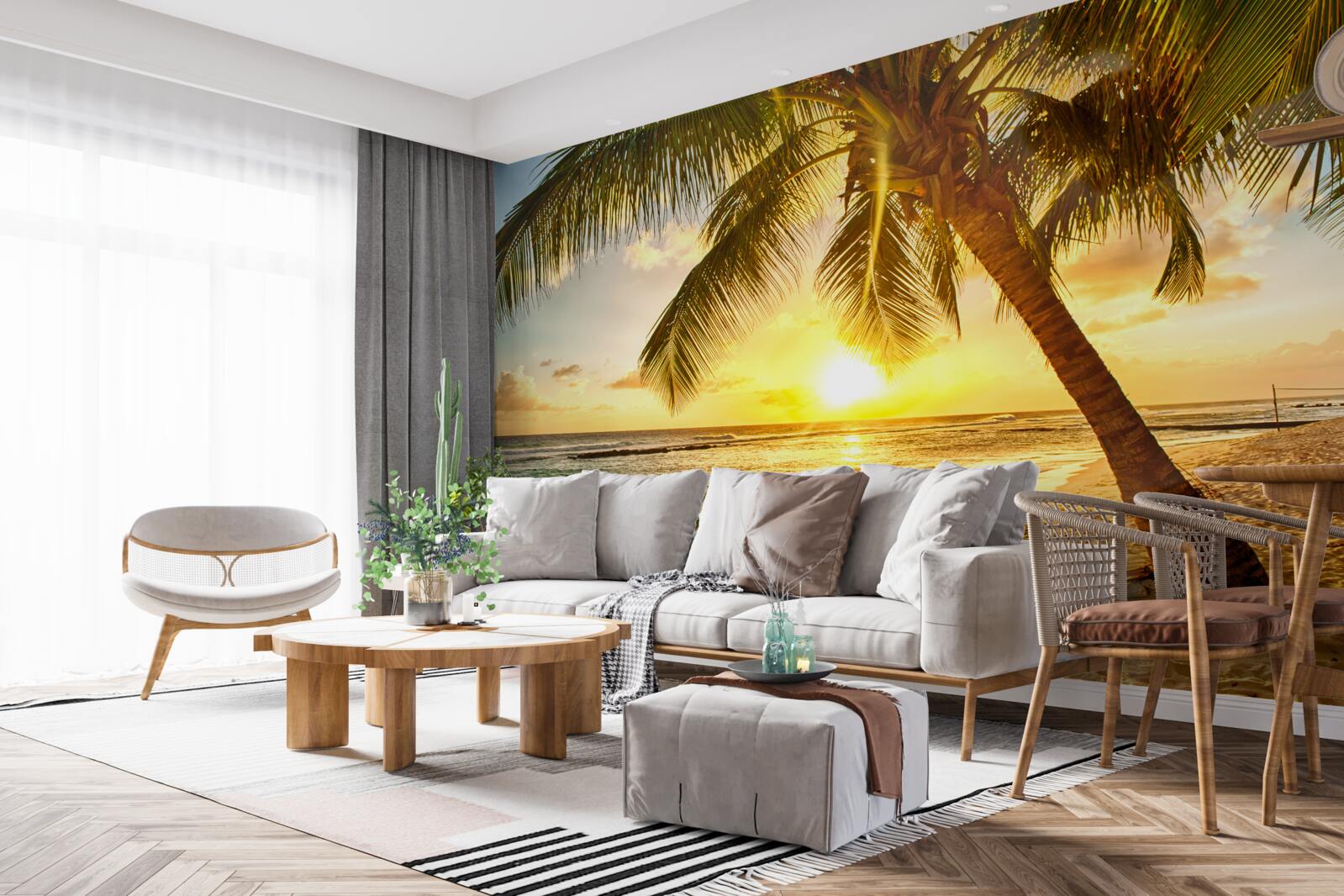 Фотошпалери сонце заходить за горизонт океану, освітлюючи пальми