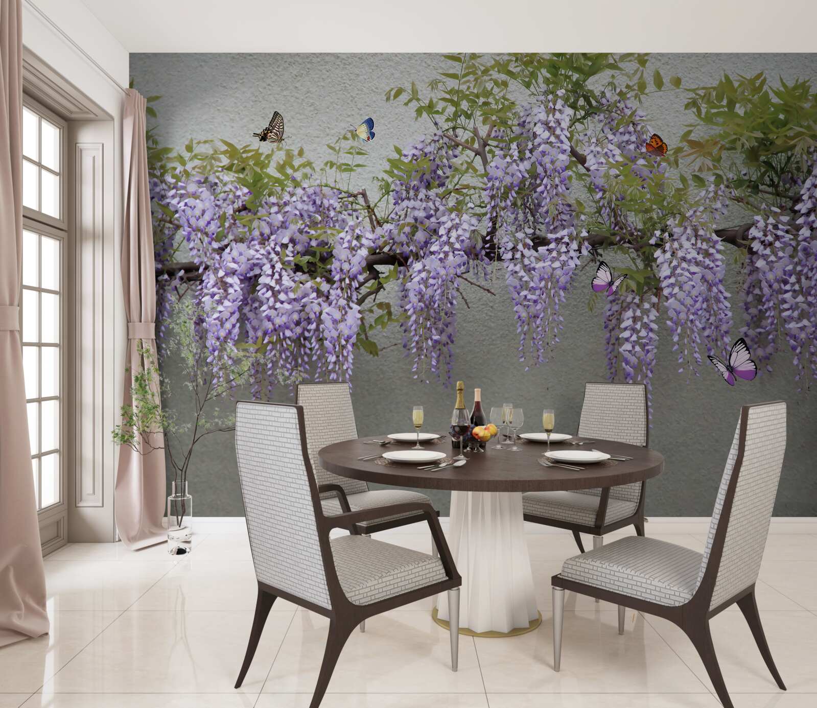 Фотошпалери гілка з бузковим цвітом і пурхаючими метеликами