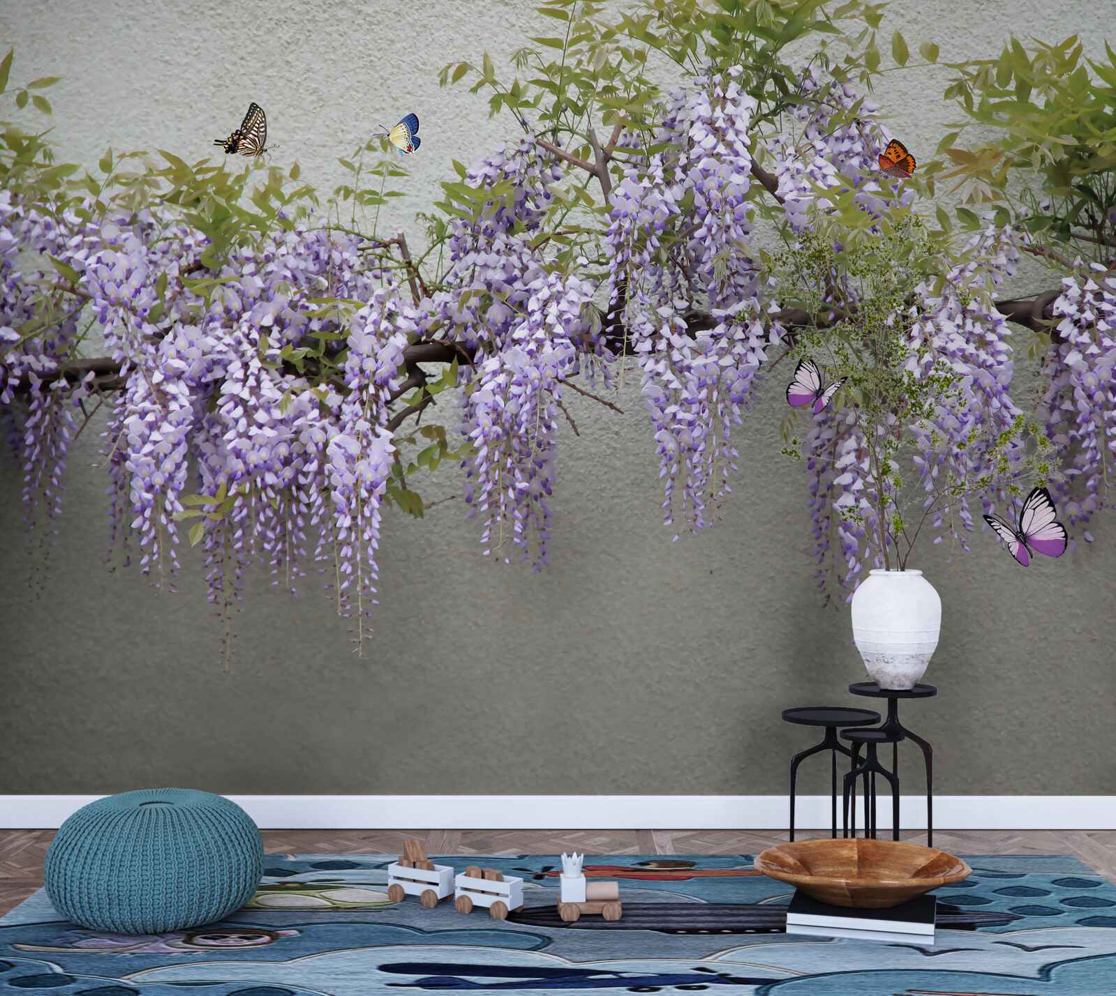 Фотошпалери гілка з бузковим цвітом і пурхаючими метеликами