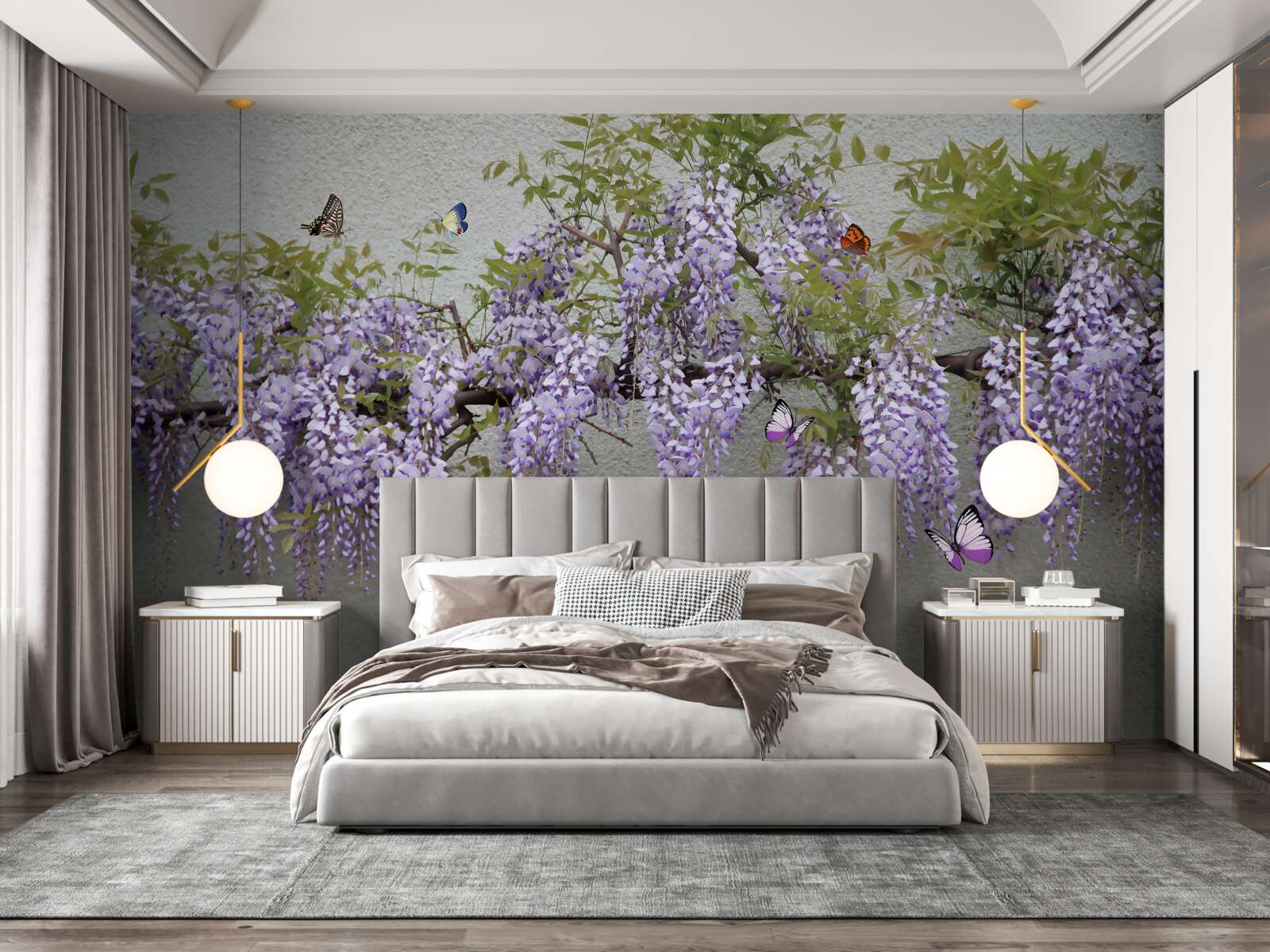 Фотошпалери гілка з бузковим цвітом і пурхаючими метеликами