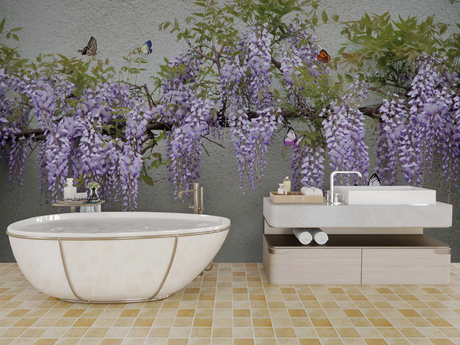 Фотошпалери гілка з бузковим цвітом і пурхаючими метеликами