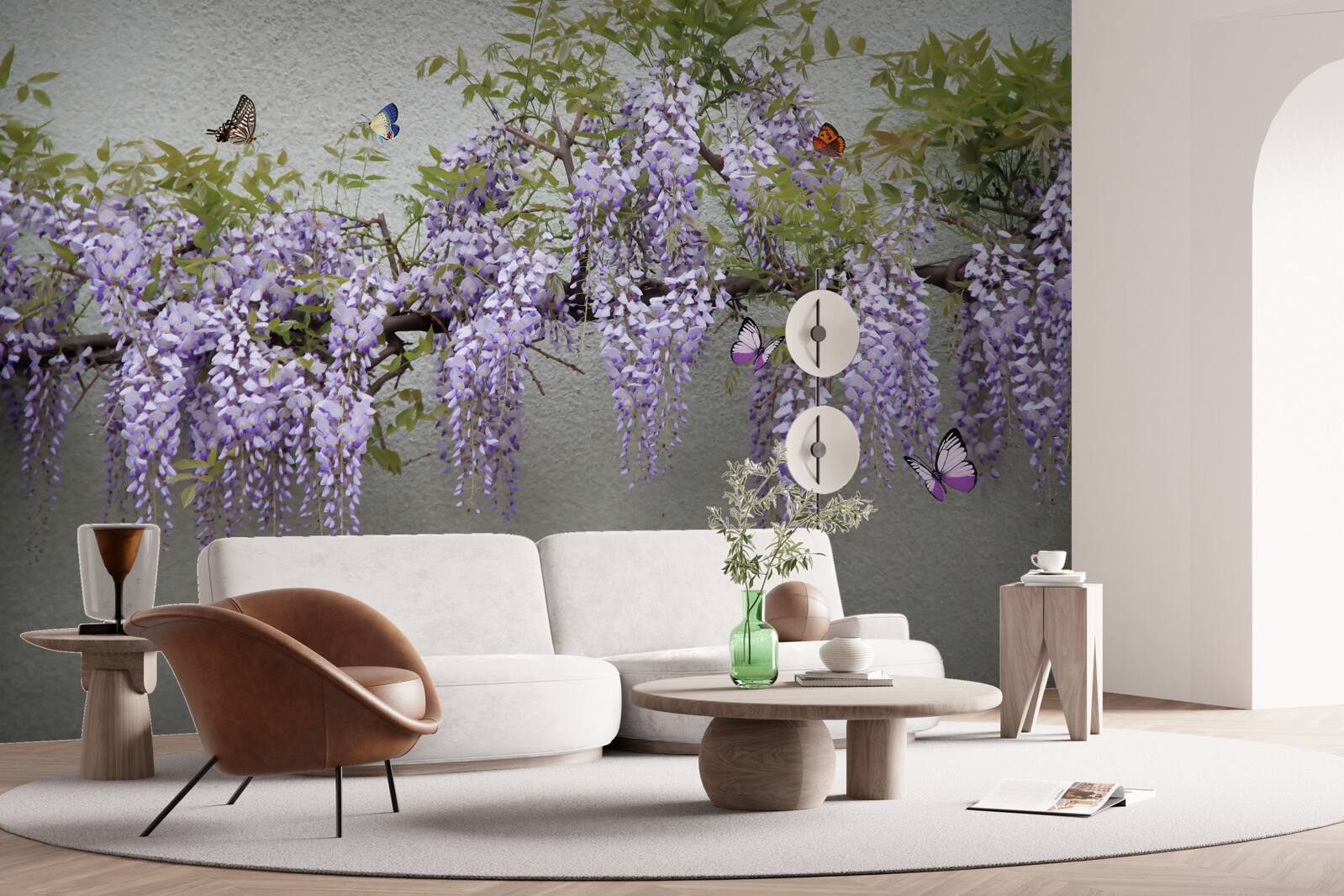 Фотошпалери гілка з бузковим цвітом і пурхаючими метеликами