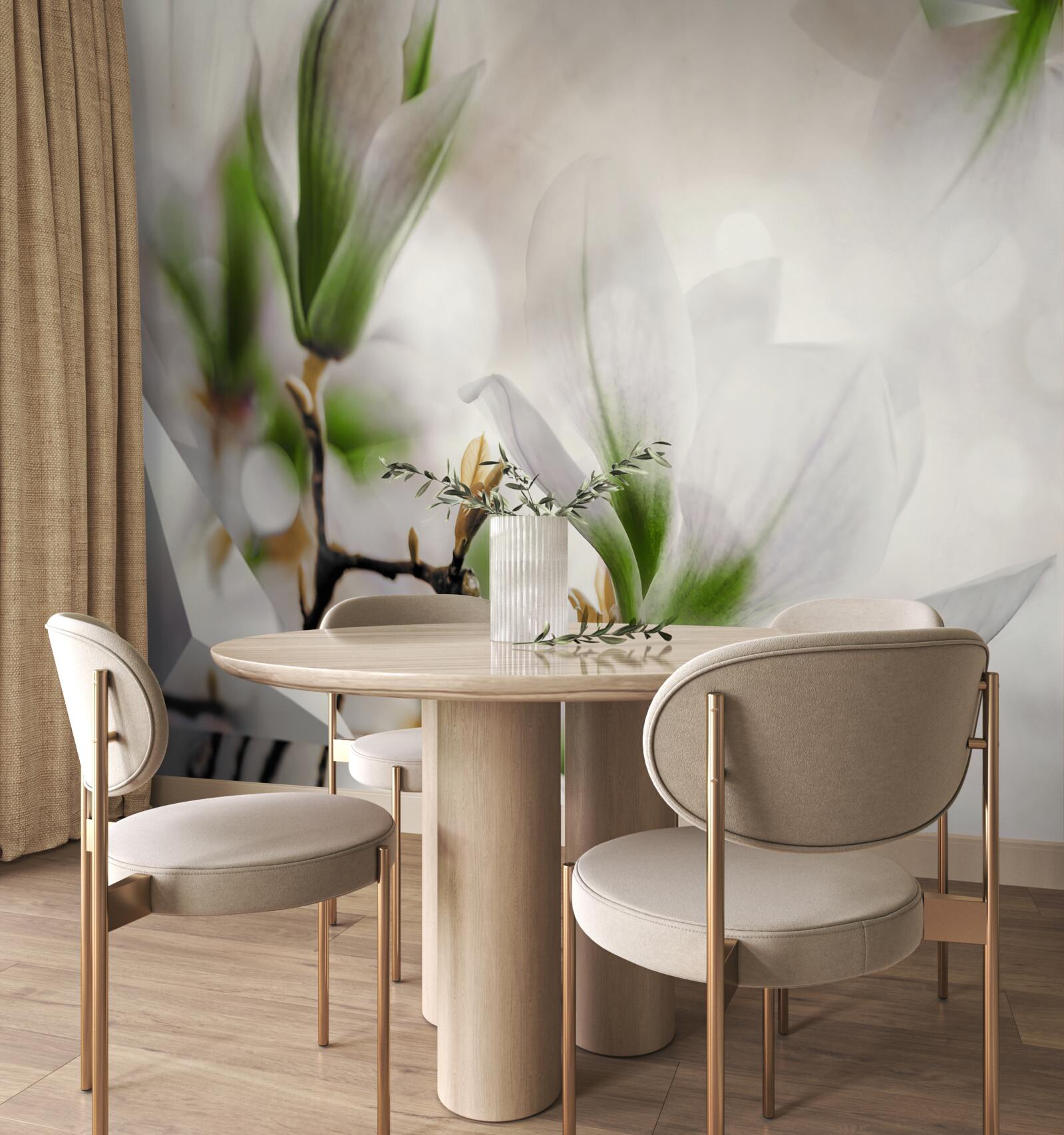 Фотошпалери квіти у відтінках білого та зеленого у поєднанні з геометричними формами