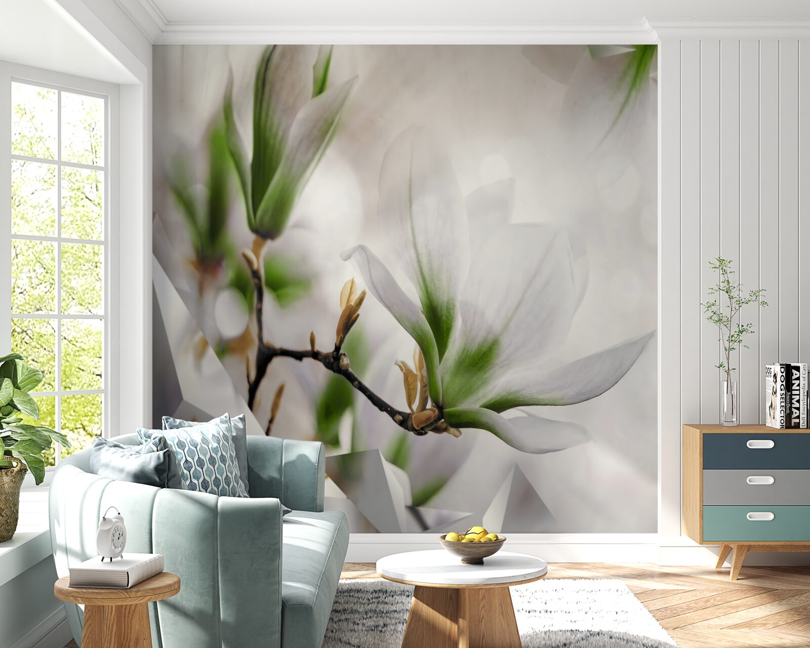 Фотошпалери квіти у відтінках білого та зеленого у поєднанні з геометричними формами